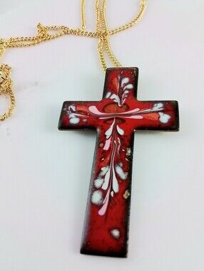 Vintage Red & White Enamel Art Cross Pendant Necklace ✨